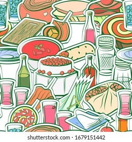 Alcohol, Snacks and Table setting pattern. Background for printing, design, web. Seamless. Colored.