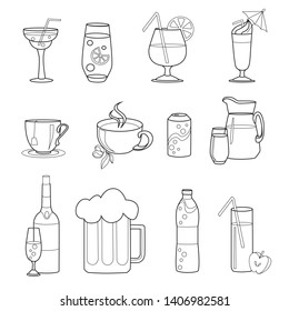 Alcohol and soft drinks, a set of thin vector icons for bar or menu design