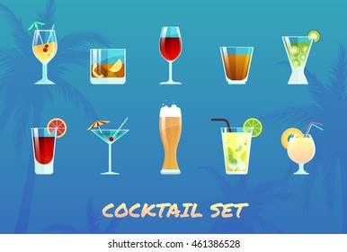 Alcohol and soft drinks. Set of vector coctails in flat style. Vector illustration