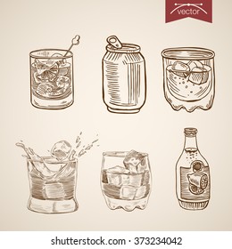 Alcohol spirit mix cocktail glasses can bottle set. Engraving style pen pencil crosshatch hatching paper painting retro vintage vector lineart illustration.