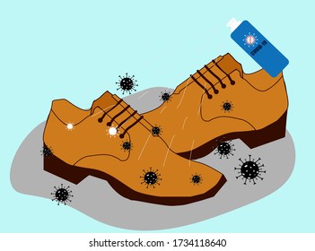 Alcohol spray bottle. Cleaning shoes from coronavirus (COVID-19) and bacteria when arrive home. Flat vector Illustration.