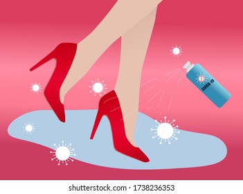 Alcohol spray bottle. Cleaning shoes from coronavirus (COVID-19) and bacteria when arrive home. Flat vector Illustration.