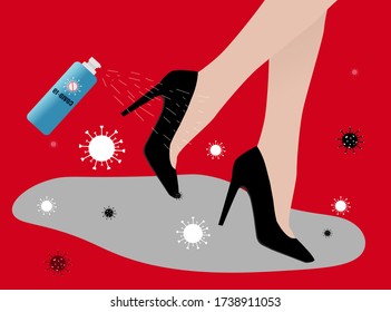 Alcohol spray bottle. Cleaning shoes from coronavirus (COVID-19) and bacteria when arrive home. Flat vector Illustration.