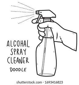 alcohol spray cleaner, spraying doodle style vector illustration.
