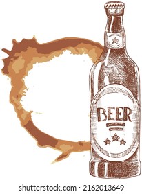 Alcohol stains, splashes and drops near bottle of craft beer. High quality abstract texture for menu, bar, cafe, restaurant. Ink, paint or other liquid stain and glass bottle with barley malt drink