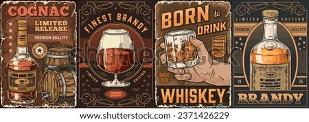 Alcohol store colorful set stickers bottle brandy and cognac near wooden barrels or glass whiskey in male hand vector illustration