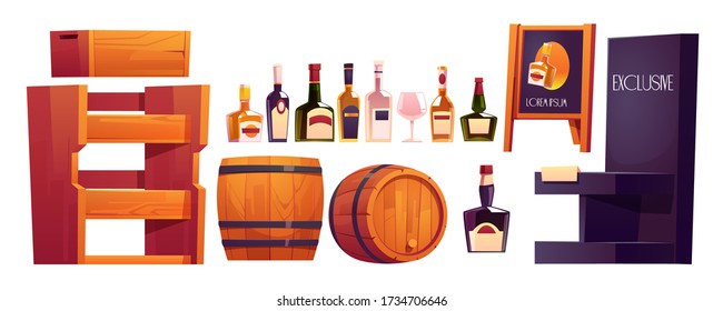 Alcohol store set with bottles, wooden shelf, barrel and advertising stand. Vector cartoon bottles of wine, beer, whiskey and alcoholic drink, furniture for bar or market isolated on white background