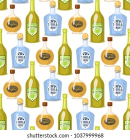 Alcohol strong drinks in bottles cartoon glasses seamless pattern background whiskey cognac brandy wine vector illustration