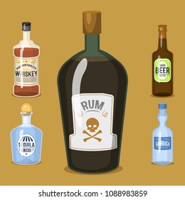 Alcohol strong drinks in bottles cartoon glasses whiskey cognac brandy wine vector illustration
