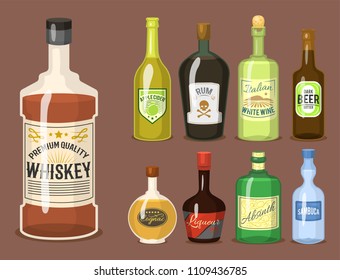 Alcohol Strong Drinks In Bottles Cartoon Glasses Whiskey Cognac Brandy Wine Vector Illustration