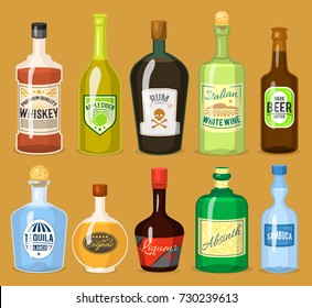 Alcohol Strong Drinks In Bottles Cartoon Glasses Whiskey, Cognac, Brandy, Wine Vector Illustration
