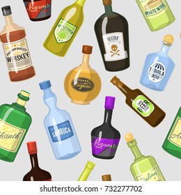 Alcohol strong drinks in bottles cartoon glasses whiskey, cognac, brandy, wine vector illustration seamless pattern background