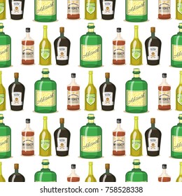 Alcohol strong drinks in bottles cartoon glasses seamless pattern background whiskey cognac brandy wine vector illustration