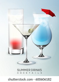 Alcohol summer beverage glasses template with different kinds of cocktails in realistic style isolated vector illustration