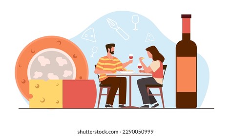 Alcohol tasting, man and woman having fun and tasting wine and cheese. Degustation in cafe or restaurant. Relaxing persons at date cartoon flat illustration. Vector tiny people concept