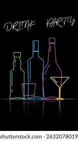 Alcohol tasting, party, drinking, bar poster, linear design bottle and glasses. Restaurant menu, white wine, cognac, rum