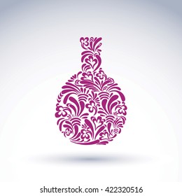 Alcohol theme graphic flower-patterned element. Classic bottle with abstract flower pattern and with decorative curls. Leisure and relaxation vector object. 