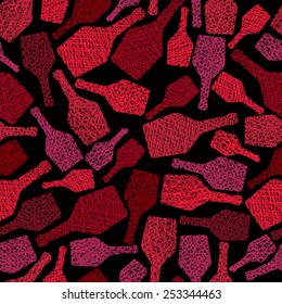 Alcohol theme seamless background, Whiskey bottles seamless pattern, vector, hand drawn lines textures used.