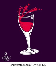 Alcohol theme vector art classic illustration of wine glass. 3d realistic wine goblet with splatter, party and celebration idea design object.