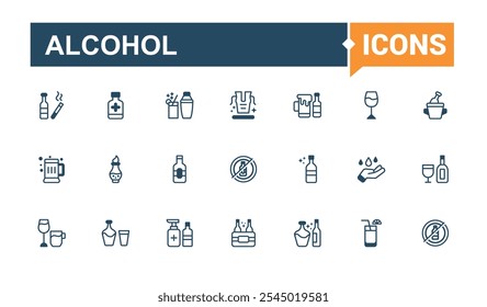 Conjunto de iconos de línea delgada de alcohol. Relacionado con aislado, bar, vidrio, agua, colección, lima, brandy, bebida. Iconos delgados modernos. Trazo de Vector editable.