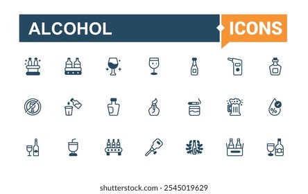 Alkohol dünne Linie Symbol gesetzt. Verwandt mit isoliert, Bar, Glas, Wasser, Sammlung, Kalk, Brandy, trinken. Moderne dünne Symbole. Bearbeitbarer Vektorstrich.