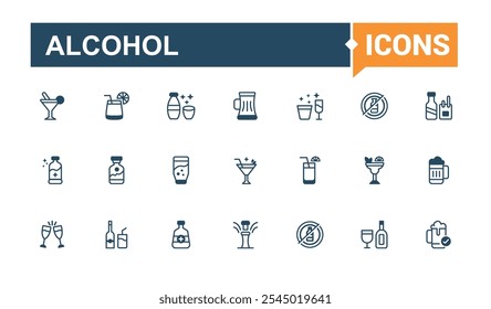 Conjunto de iconos de línea delgada de alcohol. Relacionado con aislado, bar, vidrio, agua, colección, lima, brandy, bebida. Iconos delgados modernos. Trazo de Vector editable.