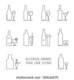 Alcohol thin lines icons set. Wine. beer, gin, champagne icons