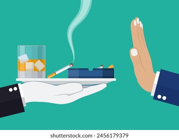 Alcohol and tobacco abuse concept. Hand gives glass of wine and cigarette to other hand. Stop alcoholism. Rejection of smoking. Vector illustration in flat style