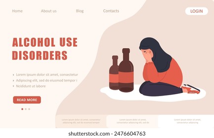 Alcohol use disorders. Landing page template. Depressed arabian woman sitting on floor and crying. Alcoholism effects. Alcohol Abuse. Vector illustration in flat cartoon style.