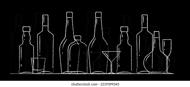 Alcohol vector illustration. Linear brush drawing set of bottles and glasses for alcohol