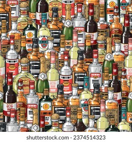 Alcohol vintage seamless pattern colorful with bottles tequila and vodka or wine with whiskey for promo liquor industry vector illustration