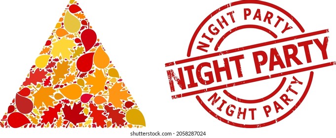 Alcohol Warning collage icon constructed for fall season, and NIGHT PARTY grunge seal. Vector alcohol warning mosaic is formed from scattered autumn maple and oak leaves.