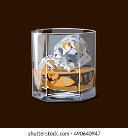 Alcohol. Whiskey shot with pieces of ice. Vector illustration