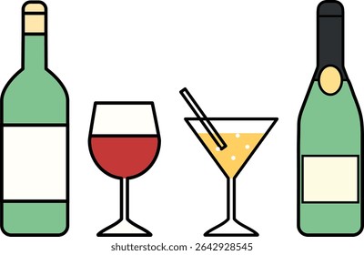 Conjunto de Ícones Vetoriais de Álcool, Vinho, Champanhe e Óculos 