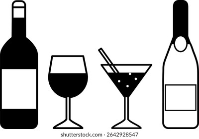 Conjunto de Ícones Vetoriais de Álcool, Vinho, Champanhe e Óculos 