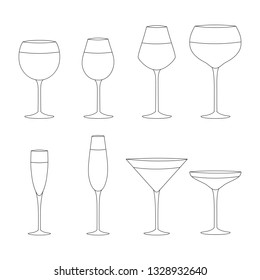 Alcohol wine, champagne and martini drink glasses in outline. Bar cold cocktail booze. Vector illustration.