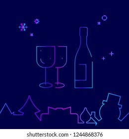 Alcohol, Wine, Festive Dinner Vector Line Icon. Christmas and New Year Gradient Symbol, Pictogram, Sign. Dark Blue Background. Light Abstract Geometric Background. Related Bottom Border