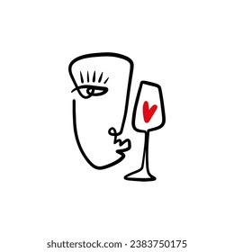 Alcohol wine lover one line minimalistic brush grunge abstract face with glass. Vector illustration. Modern contemporary art, trendy continuous drawing. Cubism artistic linear portrait. Simple minimal