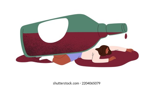 Alcohol-addicted Drunk Woman, Drinker Under Wine Bottle. Alcoholic Drink Abuse, Excess. Drunken Person With Addiction Disorder. Flat Graphic Concept Vector Illustration Isolated On White Background