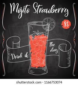 Alcoholc cocktail Mojito Strawberry. Party summer poster. Vector background.