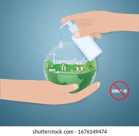 Alcohol-Gel in hand wearing Peaple in the world protective surgical from Covid-19 virus cells vector style paper craft