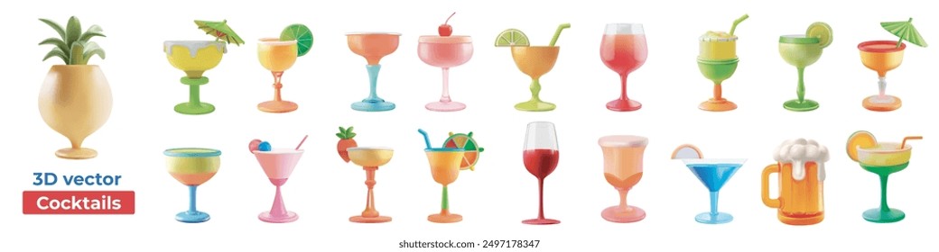 Alcoholic 3D cocktails illustration set. Simple outline cocktails icons isolated on white background. Set includes beer, mojito, whiskey. Icons set for restaurant, pub, bar. Vector illustration