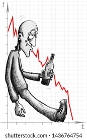 Alcoholic Abuse.
Drunken man with a bottle in his hand against a background of some diagram representing a process of decline.
