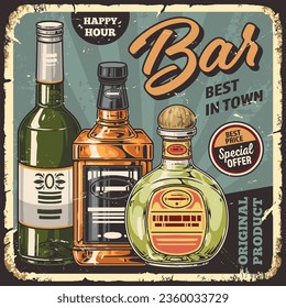 Alcoholic bar colorful vintage flyer with bottles of light and strong drinks for fun birthday party in club vector illustration