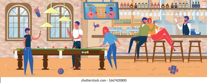 Alcoholic Bar or Pub with Billiards Pool Interior Background. People Characters Playing Game, Communicating and Drinking at Bar Counter. Public Entertainment Facility. Flat Vector Illustration.