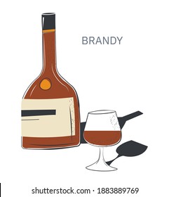 Alcoholic beverage in bottle and glass, brandy for refreshment. Nightlife drinks or luxurious complement for food. Professional brewery production. Menu for restaurants or bars. Vector in flat style