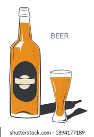 Alcoholic beverage in bottle with label, organic brewed craft beer product poured in glasses. IPA with flavor. Menu for restaurants or bars. Production of Irish pale ale. Vector in flat style