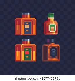 Alcoholic beverage bottle whiskey brandy cognac pixel art icon isolated vector illustration. Design logo alcohol shop, mobile app, sticker. Game assets 8-bit sprite. 