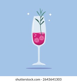  bebida alcoólica em Champagne Flute Glass. Aperitivo de verão decorado com folhas de alecrim. Ilustração de bebidas macias e alcoólicas.