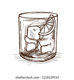 Alcoholic beverage. Cool refreshing alcoholic drink gin and tonic, a cocktail with the addition of lemon lime and ice. Vector illustration isolated on white background, in style of engraving.